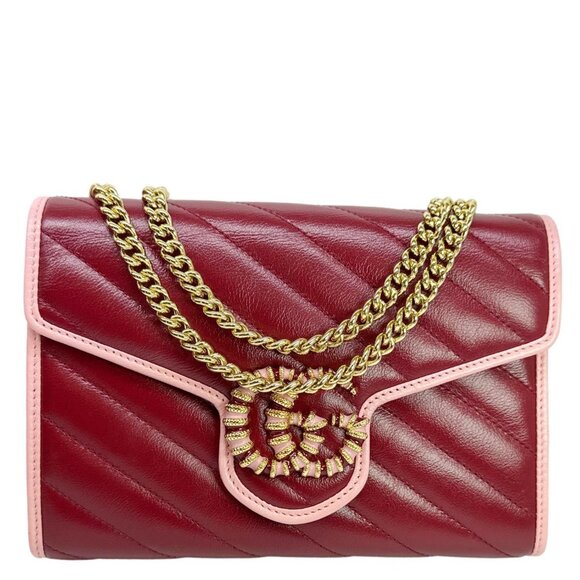Gucci Handbags - Gucci  Torchon Marmont Vintage Effect Leather Chain Wallet Burgundy 573807
